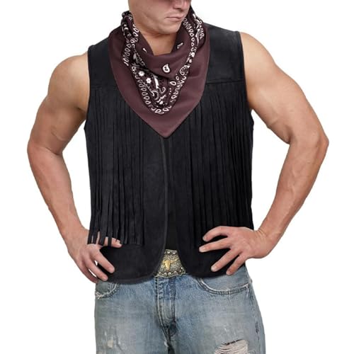 RUMAOZIA Western-Cowboy-Weste Herren Hippie Weste ärmellose Jacke Fransen Vintage Quasten Cardigan Lässig Hippie-Kostüm V-Ausschnitt Lederweste Hippie-Weste für Erwachsene Karneval Mottoparty von RUMAOZIA