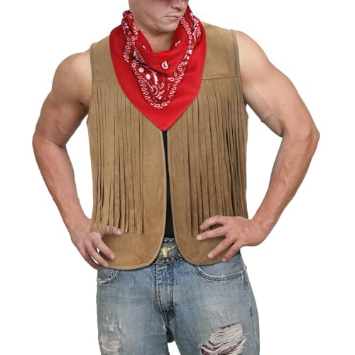 RUMAOZIA Western-Cowboy-Weste Herren Hippie Weste ärmellose Jacke Fransen Vintage Quasten Cardigan Lässig Hippie-Kostüm V-Ausschnitt Lederweste Hippie-Weste für Erwachsene Karneval Mottoparty von RUMAOZIA