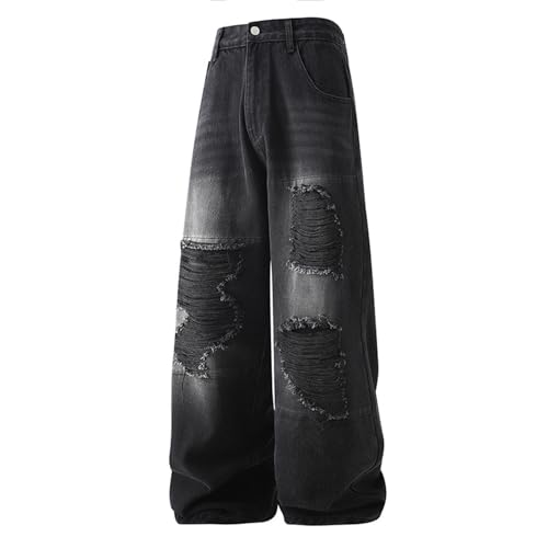RUMAOZIA Zerrissenen Löchern Jeanshose Herren Baggy Jeans Cargohose Lässige Hip Hop Hose Oversized Freizeithose Streetwear Denimhose mit Elastischem Bund Vintage Ripped Wide Leg Denim Hosen von RUMAOZIA