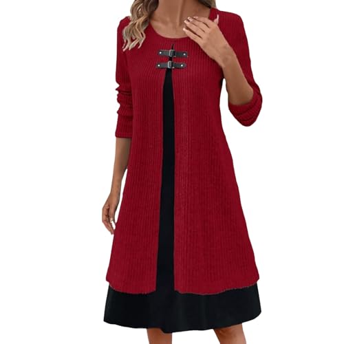 RUMAOZIA Zweiteiliges Slim Fit Strickkleid mit Gürtelschnalle Damen Pulloverkleid Strickkleid Brautmutterkleider Abendkleider Festlichkleider Chiffon Langarm Bolero Promkleider von RUMAOZIA