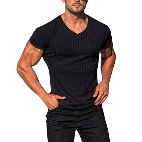T Shirt Herren für Sports & Outdoor Sportshirt Männer Muskel Top Kurzarm V-Ausschnitt Dehnbar Bodybuilding Activewear & Gym Shirt für Herren V-Neck Stretch Einfarbiges Basic Shirt von RUMAOZIA