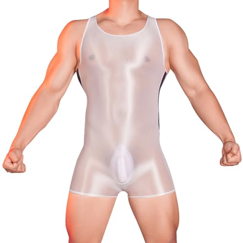 Transparent Herren Sissy Body Mesh Unterhemd String Body Träger Top Stringbody Dessous Leder Optik Seitlich transparent Männer eng anliegend mit Zip Overall Catsuit von RUMAOZIA