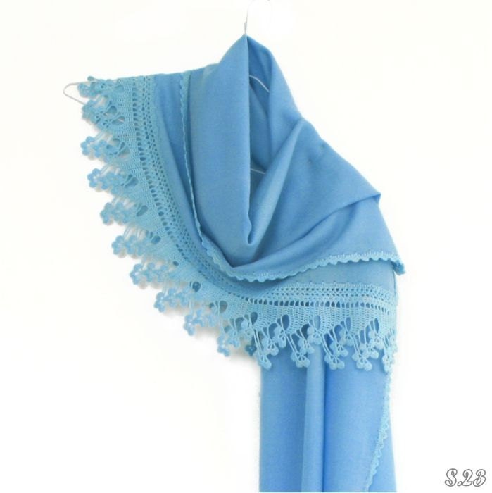 Himmel Blau Wolle Schal Mit Häkeln Spitze Elegante Frauen Mode Zubehör Boho von RUMENA