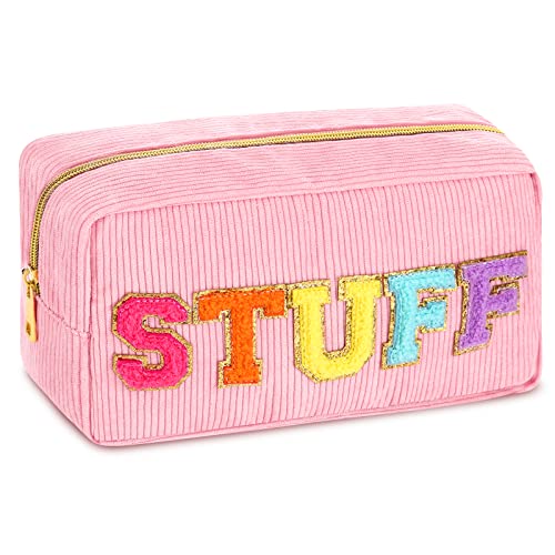 RUMIA Kordsamt Make-up-Tasche Chenille Brief Kosmetiktasche Preppy Make-up Tasche Tragbare Reise Kulturbeutel für Frauen Mädchen Geschenke, Stuff Pink, Chenille-Buchstabe von RUMIA