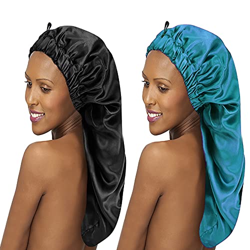 RUMMCYPY 2PCS Satin Hair Bonnet for Black Women Extra Long Sleep Cap Single Layer Silkly Satin Cap for Braid Curly Natural Hair with Button Black + Teal von RUMMCYPY