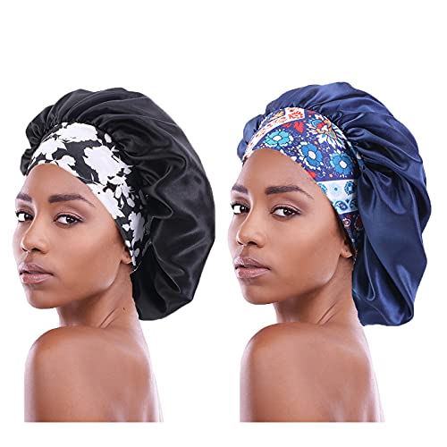 RUMMCYPY Satin-Schlafhaube für Damen, einlagig, elastisch, breites Band, seidig, Satin, für natürliches Haar, 2 Stück, schwarz + marineblau von RUMMCYPY