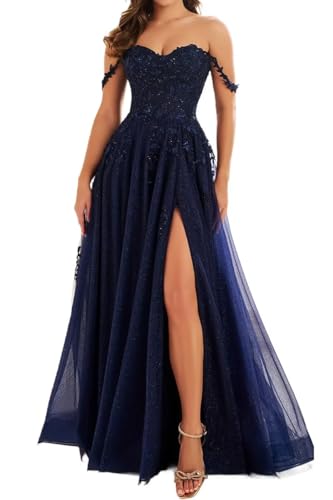 RUNBOO Abendkleid Elegant Lang Schulterfrei Tüll Spitze-Applikationen Ballkleid mit Schlitz Dunkelblau Größe 42 von RUNBOO