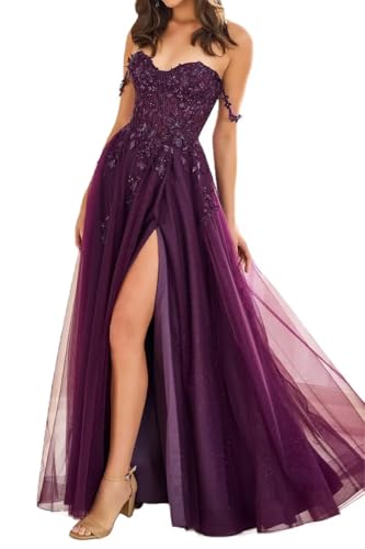 RUNBOO Abendkleid Elegant Lang Schulterfrei Tüll Spitze-Applikationen Ballkleid mit Schlitz Traube Größe 38 RUNBOO Abendkleid Elegant Lang Schulterfrei Tüll Spitze-Applikationen Ballkleid mit Schlitz Traube Größe 38 von RUNBOO