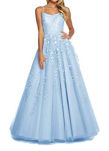 RUNBOO Damen Lang Tüll Prinzessin Ballkleider mit Appliques Spaghetti Rückenfrei Größe 32 Hellblau von RUNBOO