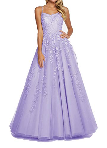 RUNBOO Damen Lang Tüll Prinzessin Ballkleider mit Appliques Spaghetti Rückenfrei Größe 34 Lila von RUNBOO