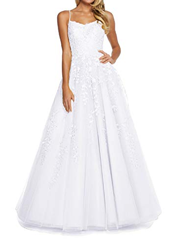 RUNBOO Damen Lang Tüll Prinzessin Ballkleider mit Appliques Spaghetti Rückenfrei Größe 36 Weiß RUNBOO Damen Lang Tüll Prinzessin Ballkleider mit Appliques Spaghetti Rückenfrei Größe 36 Weiß von RUNBOO