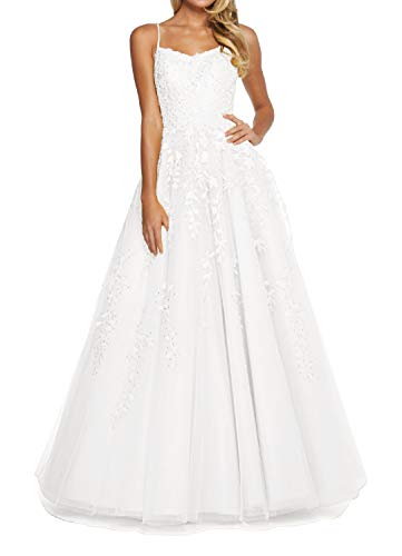 RUNBOO Damen Lang Tüll Prinzessin Ballkleider mit Appliques Spaghetti Rückenfrei Größe 38 Elfenbein von RUNBOO