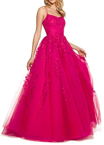 RUNBOO Damen Lang Tüll Prinzessin Ballkleider mit Appliques Spaghetti Rückenfrei Größe 38 Fuchsia von RUNBOO
