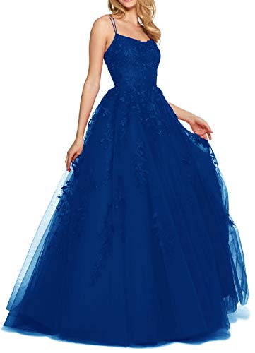 RUNBOO Damen Lang Tüll Prinzessin Ballkleider mit Appliques Spaghetti Rückenfrei Größe 38 Königsblau von RUNBOO