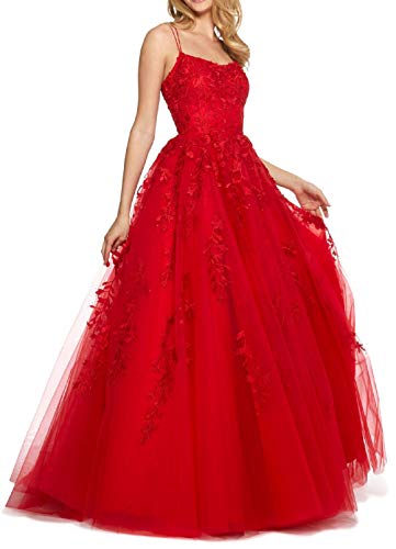 RUNBOO Damen Lang Tüll Prinzessin Ballkleider mit Appliques Spaghetti Rückenfrei Größe 38 Rot RUNBOO Damen Lang Tüll Prinzessin Ballkleider mit Appliques Spaghetti Rückenfrei Größe 38 Rot von RUNBOO