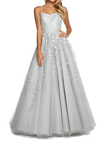 RUNBOO Damen Lang Tüll Prinzessin Ballkleider mit Appliques Spaghetti Rückenfrei Größe 38 Silber von RUNBOO