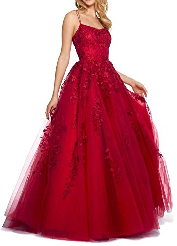 RUNBOO Damen Lang Tüll Prinzessin Ballkleider mit Appliques Spaghetti Rückenfrei Größe 40 Weinrot RUNBOO Damen Lang Tüll Prinzessin Ballkleider mit Appliques Spaghetti Rückenfrei Größe 40 Weinrot von RUNBOO