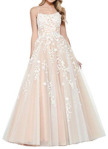 RUNBOO Damen Lang Tüll Prinzessin Ballkleider mit Appliques Spaghetti Rückenfrei Größe 42 Ivory-Nude von RUNBOO