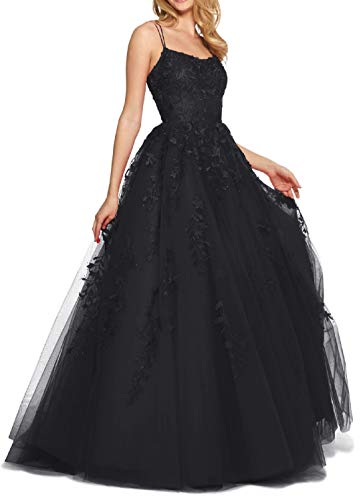 RUNBOO Damen Lang Tüll Prinzessin Ballkleider mit Appliques Spaghetti Rückenfrei Größe 44 Schwarz RUNBOO Damen Lang Tüll Prinzessin Ballkleider mit Appliques Spaghetti Rückenfrei Größe 44 Schwarz von RUNBOO