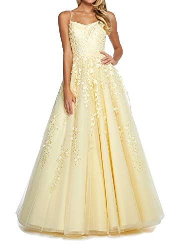 RUNBOO Damen Lang Tüll Prinzessin Ballkleider mit Appliques Spaghetti Rückenfrei Größe 48 Gelb RUNBOO Damen Lang Tüll Prinzessin Ballkleider mit Appliques Spaghetti Rückenfrei Größe 48 Gelb von RUNBOO