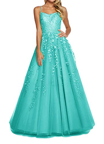 RUNBOO Damen Lang Tüll Prinzessin Ballkleider mit Appliques Spaghetti Rückenfrei Größe 52 Aqua von RUNBOO