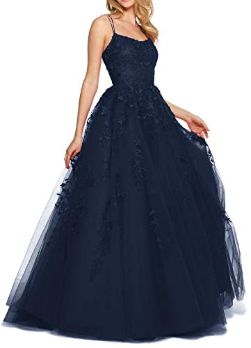 RUNBOO Damen Lang Tüll Prinzessin Ballkleider mit Appliques Spaghetti Rückenfrei Größe 52 Dunkelblau von RUNBOO
