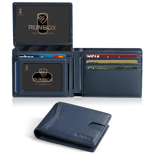 RUNBOX Geldbörse für Herren, schlankes RFID-Leder, 2 Ausweisfenster, mit Geschenkbox, Ein tibetisches Blau von RUNBOX
