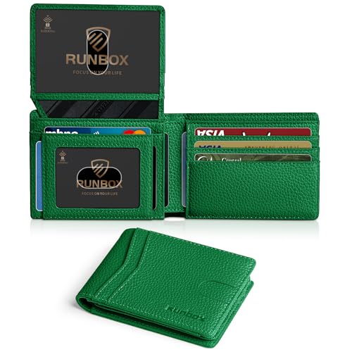 RUNBOX Geldbörse für Herren, schlankes RFID-Leder, 2 Ausweisfenster, mit Geschenkbox, Neu Litschi-Grün, Minimalistisch von RUNBOX