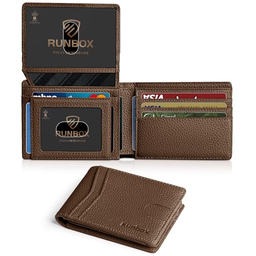 RUNBOX Geldbörse für Herren, schlankes RFID-Leder, 2 Ausweisfenster, mit Geschenkbox, neuer Litschi-Kaffee, Minimalistisch von RUNBOX