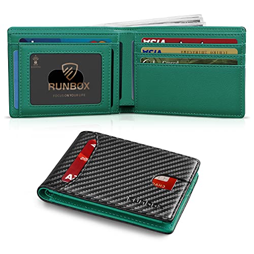 RUNBOX Geldbörse für Herren Slim 11 Kreditkartenfächer Leder RFID Blocking Klein Dünn Herren Geldbörse Bifold Minimalistische Fronttasche Große Kapazität Geschenkbox, Carbon Black Green, small, von RUNBOX