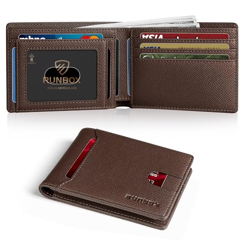 RUNBOX Geldbörse für Herren Slim 11 Kreditkartenfächer Leder RFID Blocking Klein Dünn Herren Geldbörse Bifold Minimalistische Fronttasche Große Kapazität Geschenkbox, HERM NEW-Palm Lines Kaffee, von RUNBOX