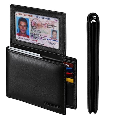 Herren-Geldbörse aus echtem Leder, schmal, RFID-blockierend, Bifold Herren-Geldbörse, 12 Kartenfächer (2 Ausweis-Fenster), Kartenhalter mit Geschenkbox, A-Classic Schwarz von RUNBOX