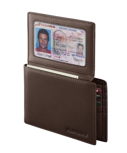 Herren-Geldbörse aus echtem Leder, schmal, RFID-blockierend, Bifold Herren-Geldbörse, 12 Kartenfächer (2 Ausweis-Fenster), Kartenhalter mit Geschenkbox, B-Kaffee von RUNBOX