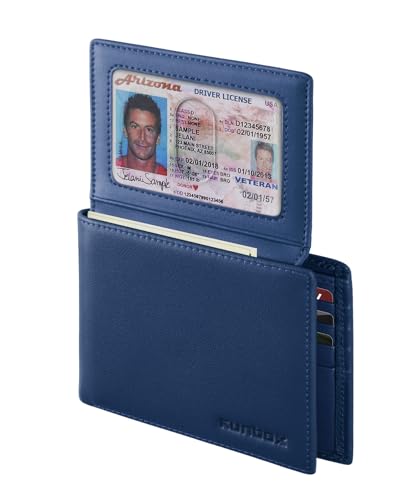 Herren-Geldbörse aus echtem Leder, schmal, RFID-blockierend, Bifold Herren-Geldbörse, 12 Kartenfächer (2 Ausweis-Fenster), Kartenhalter mit Geschenkbox, D-Blau von RUNBOX