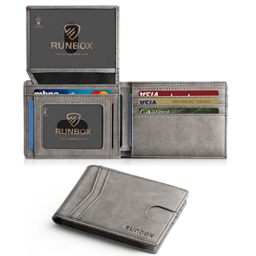 RUNBOX Herren-Geldbörsen, schmal, RFID-Leder, 2 Ausweis-Fenster, mit Geschenkbox, Klassisches Grau, 15 Steckplätze, medium, 15 Fächer von RUNBOX