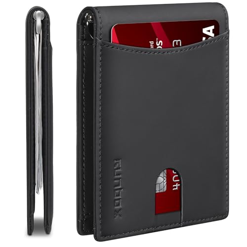 Schlanke Geldscheinklammer-Geldbörse für Herren, RFID-blockierend, 11 Kartenhalter, minimalistisch, klein, dünn, Karbonleder, Bifold Herren-Brieftasche, Geschenk-Box, Mattschwarz, 11 Steckplätze von RUNBOX