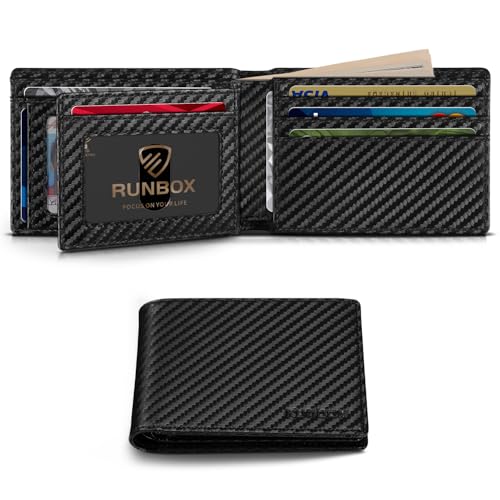 RUNBOX Herren Trifold Wallets 14 Kartenhalter Slim Rfid Leder 2 ID Fenster mit Geschenkbox Herren Accessoires, Carbon Black B von RUNBOX