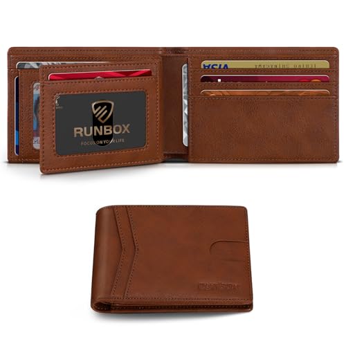 RUNBOX Herren Trifold Wallets 14 Kartenhalter Slim Rfid Leder 2 ID Fenster mit Geschenkbox Herren Accessoires, Ziegelbraun von RUNBOX