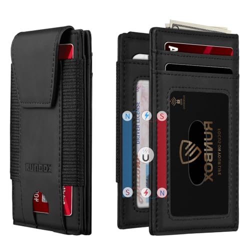 RUNBOX Schlanke Brieftasche für Herren mit 2 Ausweisfenstern für 10 Karten Minimalistische Vorderseite – Tasche RFID – blockierende Brieftaschen ideale Geschenkwahl, CH BLACK von RUNBOX