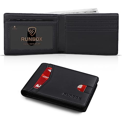 RUNBOX Geldbörse für Herren, schmal, Kreditkartenetui, Leder, RFID-blockierend, klein, dünn, Herren-Geldbörse, Bifold, minimalistische Vordertasche, große Kapazität, Geschenkbox, Zweifarbig, Schwarz von RUNBOX