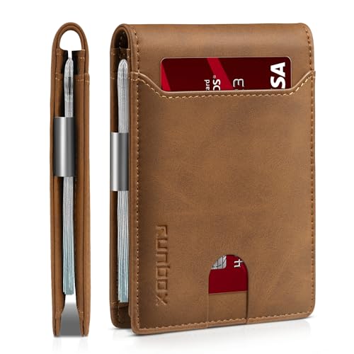 RUNBOX Schlanke Brieftaschen für Herren – Leder-Geldklammer für Herren – RFID-blockierende Fronttasche – minimalistischer Kreditkartenhalter mit Geschenkbox, Bicolor Crazy Horse Brown, medium, Modern von RUNBOX