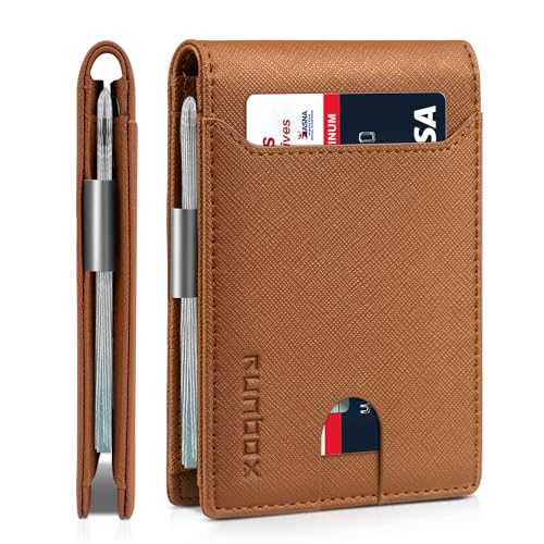 RUNBOX Schlanke Brieftaschen für Herren – Leder-Geldklammer für Herren – RFID-blockierende Fronttasche – minimalistischer Kreditkartenhalter mit Geschenkbox, Kreuzmuster: Braun, medium, Modern von RUNBOX