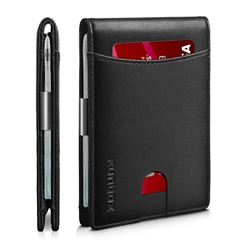 RUNBOX Schlanke Geldklammer Brieftaschen für Herren, minimalistischer Kartenhalter, kleines Leder, Bifold, RFID-blockierend, Herren-Fronttasche mit 11 Kartenfächern, Geschenkbox, Ölschwarz, Medium, von RUNBOX