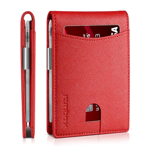 RUNBOX Schlanke Geldklammer Brieftaschen für Männer RFID Blockierung 11 Kartenhalter Minimalistisch Klein Leder Bifold Herren Fronttasche Geldbörse Geschenkbox, Ein reines Rot von RUNBOX