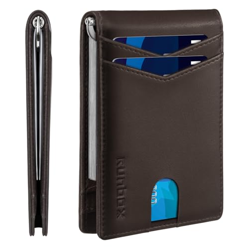 RUNBOX Schlanke Geldklammer-Geldbörse für Herren, RFID-blockierend, 8 Kartenhalter, minimalistisch, klein, dünn, Karbonleder, doppelte Vordertasche, Geschenk-Box, Eine geschmolzene Schokolade von RUNBOX