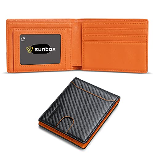 RUNBOX Slim Bifold Wallet for Men Leather Minimalist RFID Blocking with Gift Box Carbon Black and Orange Edge, Schwarz / Orange / Orange, small, Minimalistisch von RUNBOX