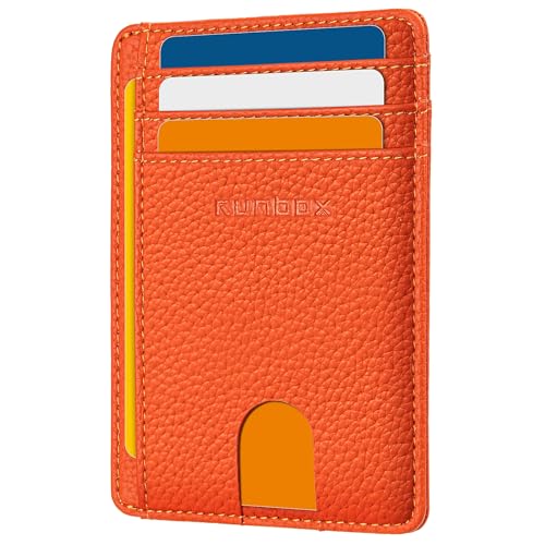 RUNBOX Slim Card Holder Wallet for Men Leather Minimalist RFID Blocking Front Pocket Women Gift Box, Litschi Orange, Minimalistisch von RUNBOX