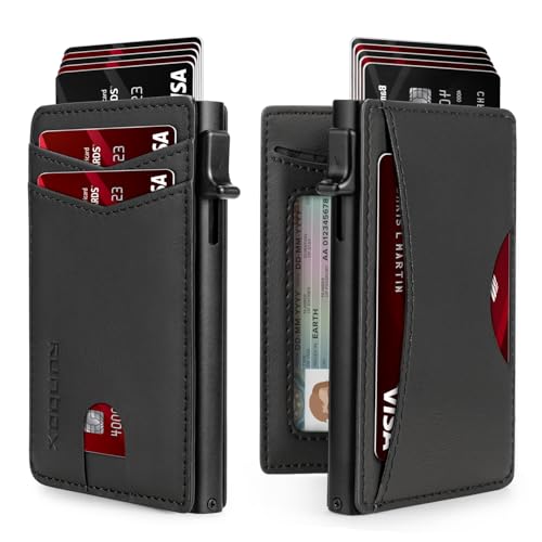 RUNBOX Slim Card Wallet für Herren mit Ausweisfenster - Minimalistische RFID Geldbörse, Pop-Up Funktion, Ultradünnes Design, Metall Visitenkartenetui Hält 8+ Karten, Geschenke für Männer, Männer von RUNBOX