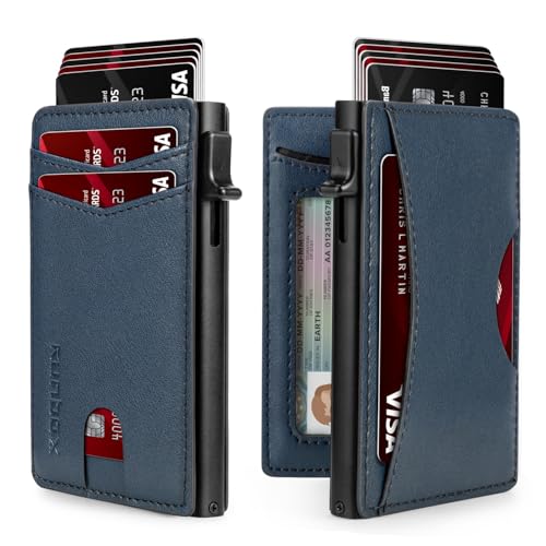 RUNBOX Slim Card Wallet für Herren mit Ausweisfenster - Minimalistische RFID Geldbörse, Pop-Up Funktion, Ultradünnes Design, Metall Visitenkartenetui Hält 8+ Karten, Geschenke für Männer, Männer von RUNBOX