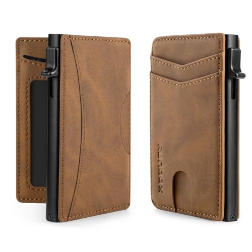 RUNBOX Slim Card Wallet für Herren mit Ausweisfenster - Minimalistische RFID Geldbörse, Pop-Up Funktion, Ultradünnes Design, Metall Visitenkartenetui Hält 8+ Karten, Geschenke für Männer, Männer von RUNBOX